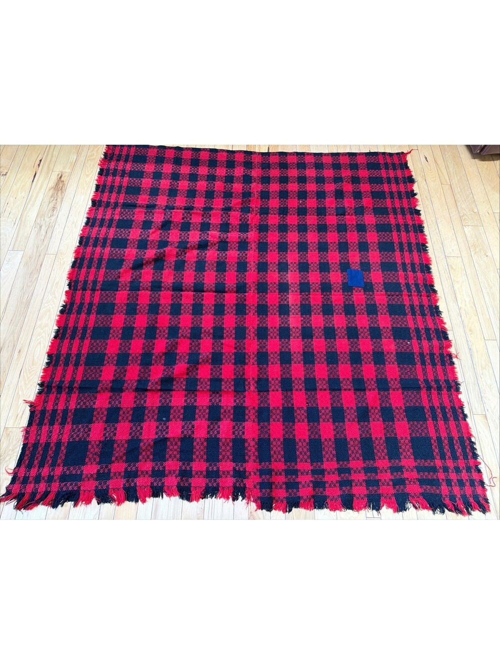 Primitive Antique 1800s Handwoven Wool Coverlet Red Black Checkerboard 2 Panel